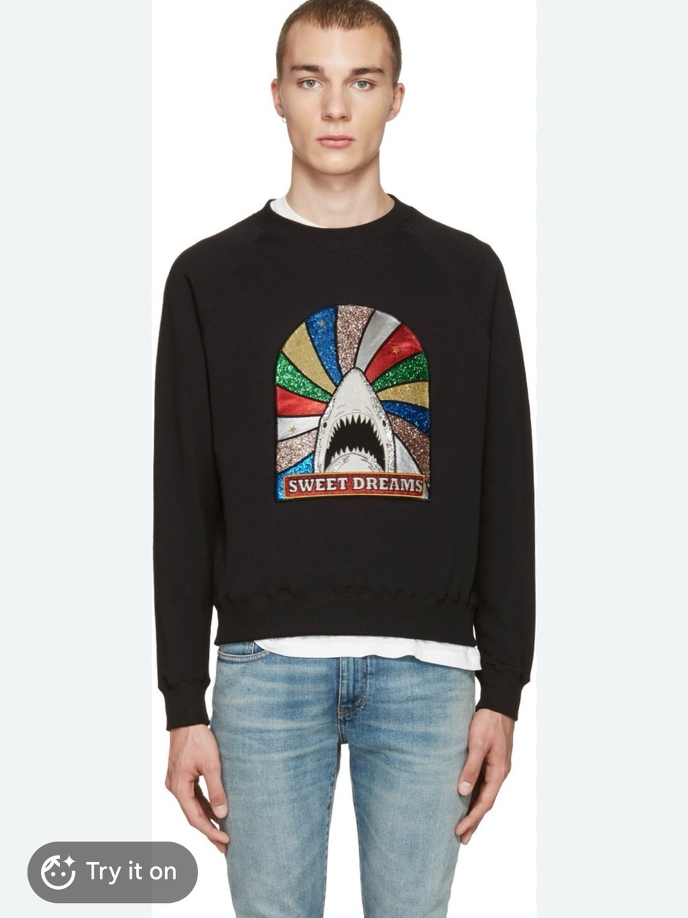 Saint Laurent Glittered Shark Patch Crew Neck Sweater Sweatshirt Shark Black